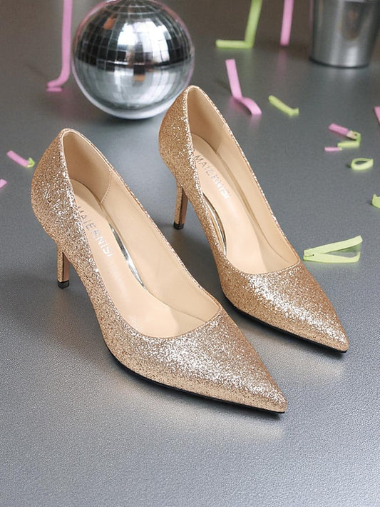 - Glitter Stiletto Pumps Gold Sparkly Women's Pointed-Toe