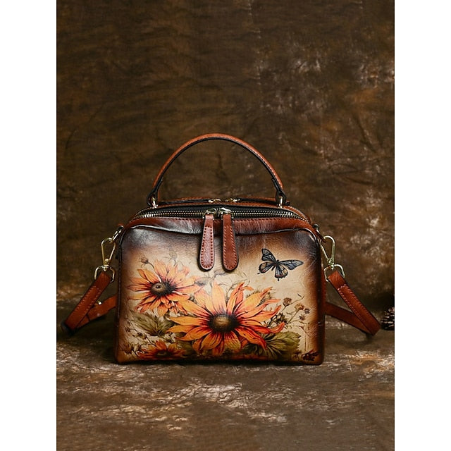 – Sunflower Print Vintage with Handbag Leather and Butterfly