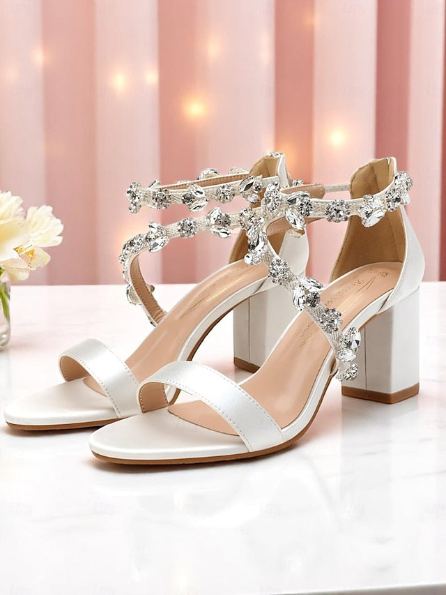 Crystal with Sandals Satin Heel Women's Pink Straps Block