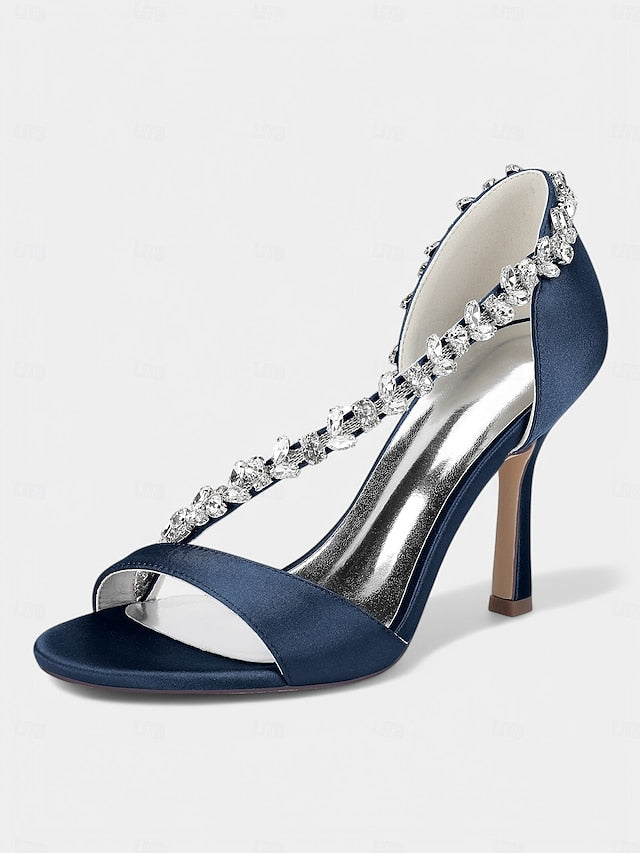 Heels – High Crystal Women's Champagne with T-Strap Satin