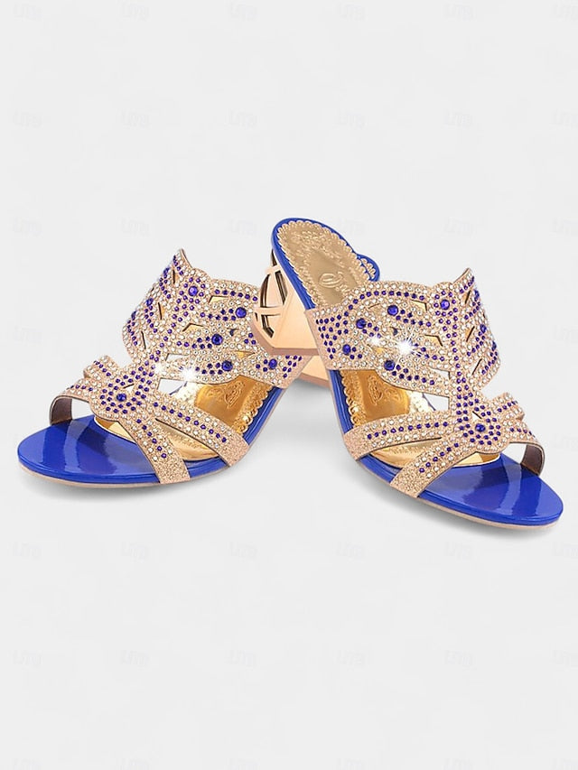 - Rhinestone and Heeled Embellished Sandals Gold Green