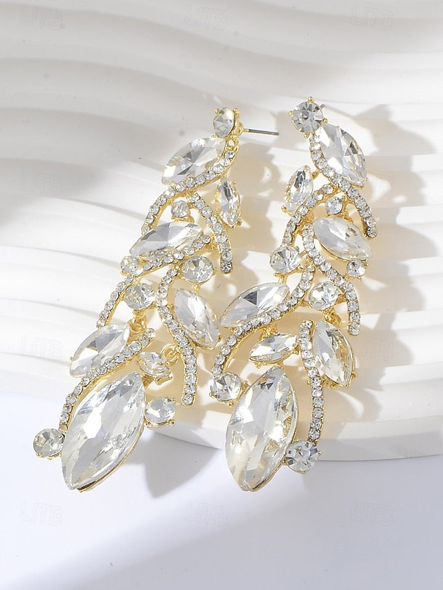 Gold Crystal Earrings Leaf Design Elegant - Women's