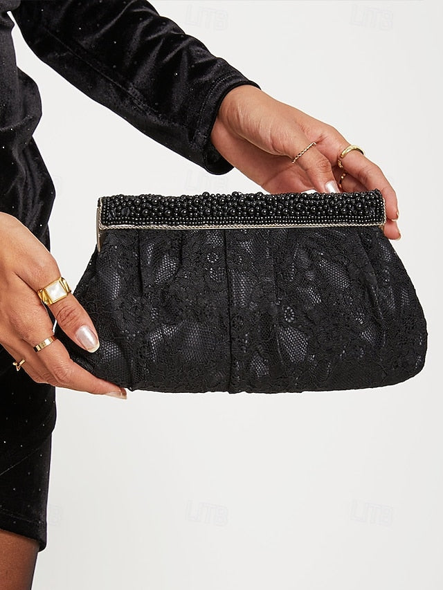 Clutch Bag Lace Women's Evening Elegant with Beaded Black