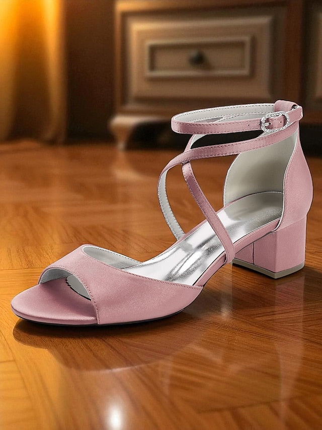 - Elegant Women's Satin Sandals Ankle Strap Heel Block with