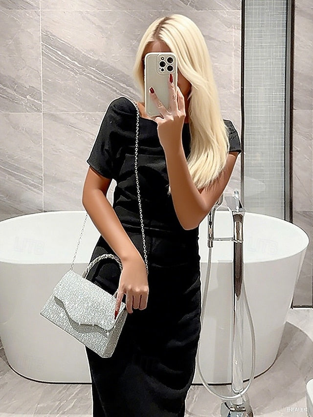 Silver Handbag Glitter Women's – Rhinestone Handle with