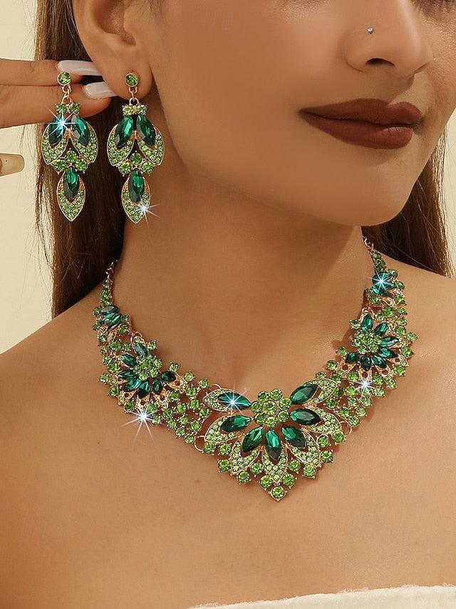 Green Set Elegant Statement Jewelry Necklace Crystal –