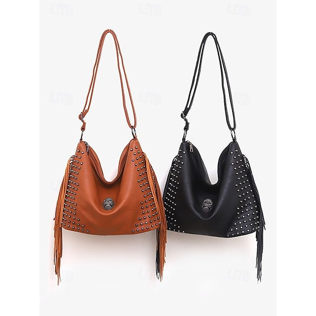 - Brown Leather Boho Studded Bag Women's Hobo Skull Fringe