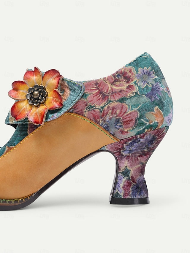 Mary Women's – Floral Vintage Leather 1930s Jane Heels
