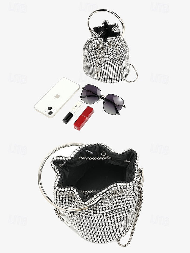 Silver with Rhinestone Women's Bucket Bag Sparkling Metal