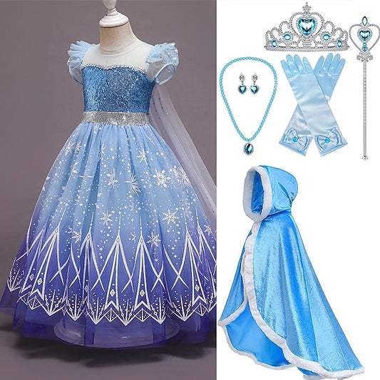 Cloak Elsa Set Tulle Princess Cape Dress Hooded With Crown