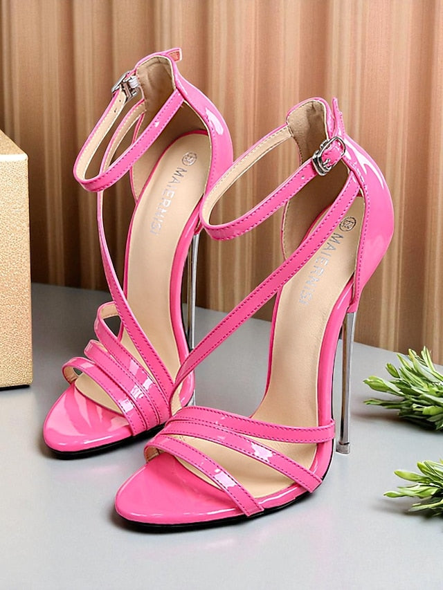- Stiletto High Red Women's Strappy Heels Patent Sandals PU