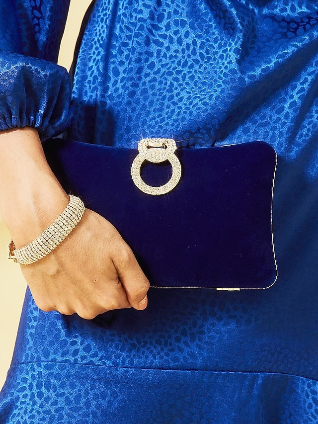 Blue Velvet Women's Clutch with Rhinestone Ring Elegant Bag