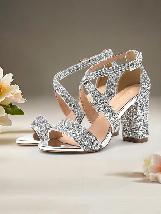 Sandals Gold Heel Block Glitter Women's