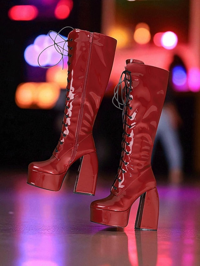 Women's - Lace-Up Silver Platform High Boots Knee Metallic