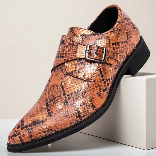 – Men Monk Classic Shoes Brown Strap Snake Print for Formal