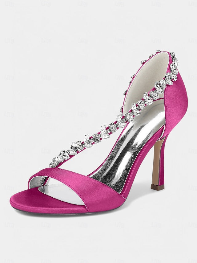 Heels – High Crystal Women's Champagne with T-Strap Satin