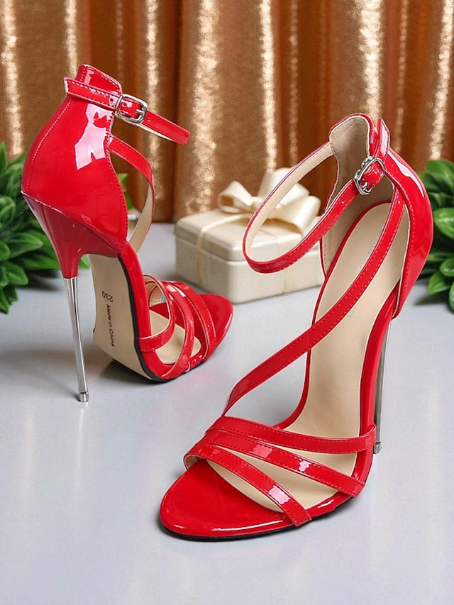- Stiletto High Red Women's Strappy Heels Patent Sandals PU