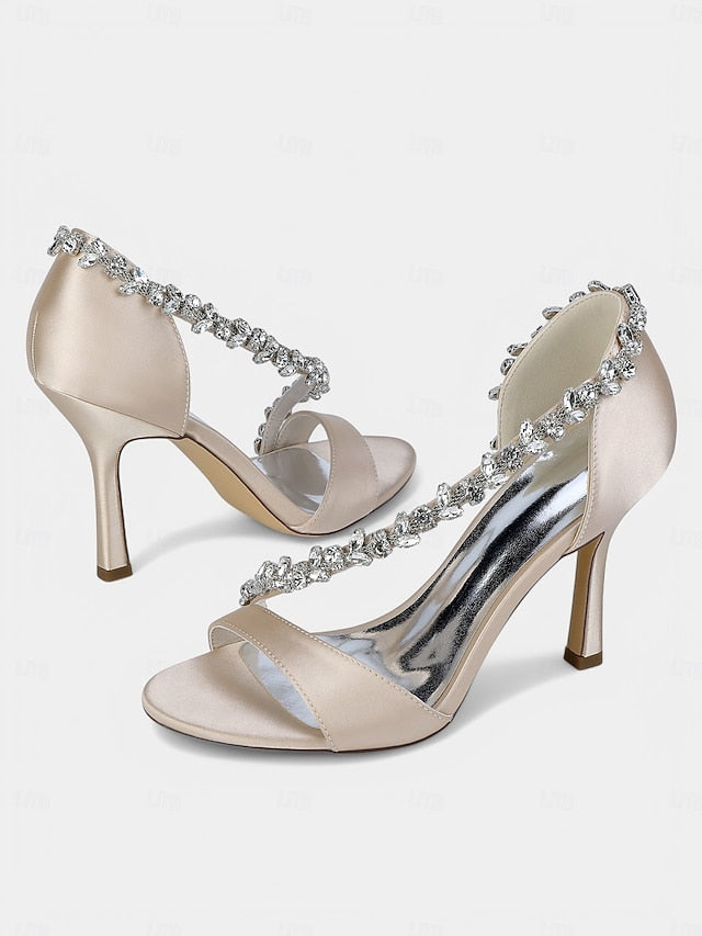 Heels – High Crystal Women's Champagne with T-Strap Satin