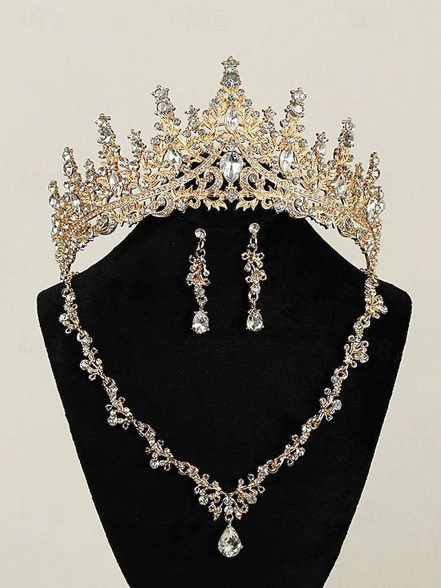 Crown Set Gold-Plated Diamond Sparkling Tiara Necklace – and