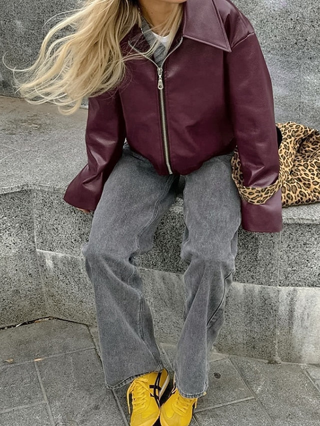 Leather Faux Pocket Jacket Women's Comfortable Zipper Warm