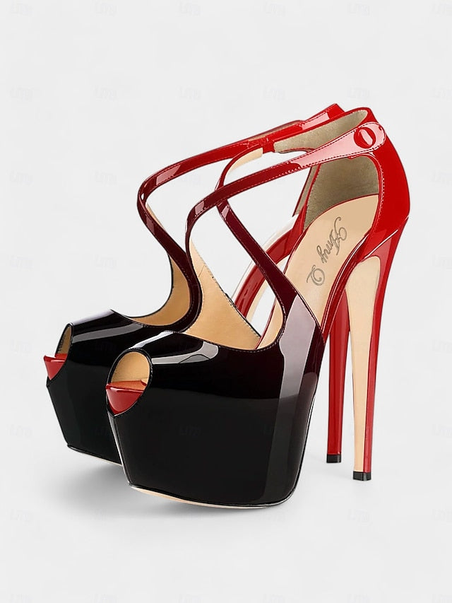 Stiletto Platform Cross with Patent Leather Black Red and Heels
