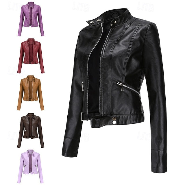Jacket Zipper Pocket Leather Comfortable Faux Women's