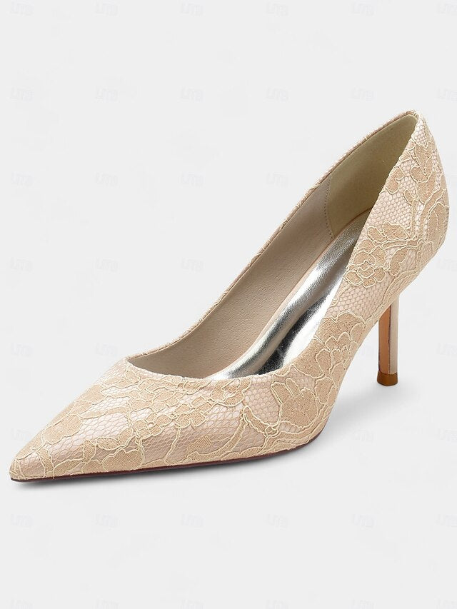 - Pointed-Toe Women's Heels Stiletto Lace-Embroidered