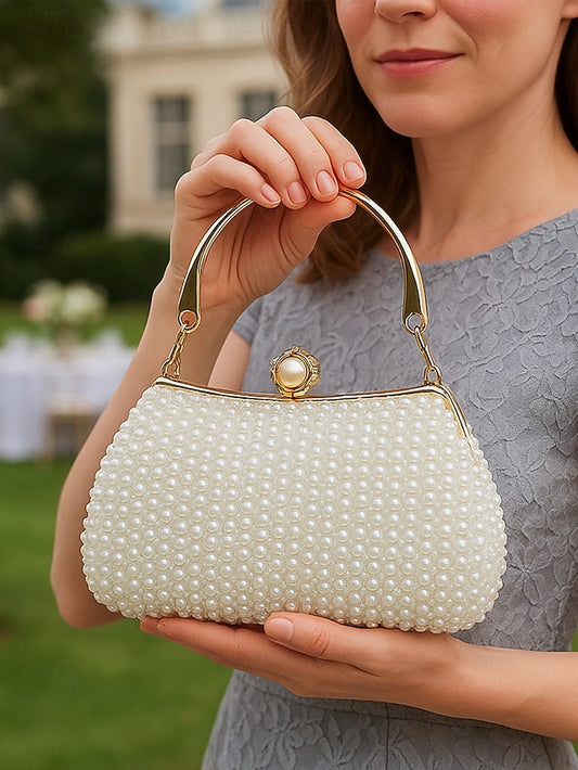 Pearl Women's Beaded Bag with Handle Evening Clutch Gold