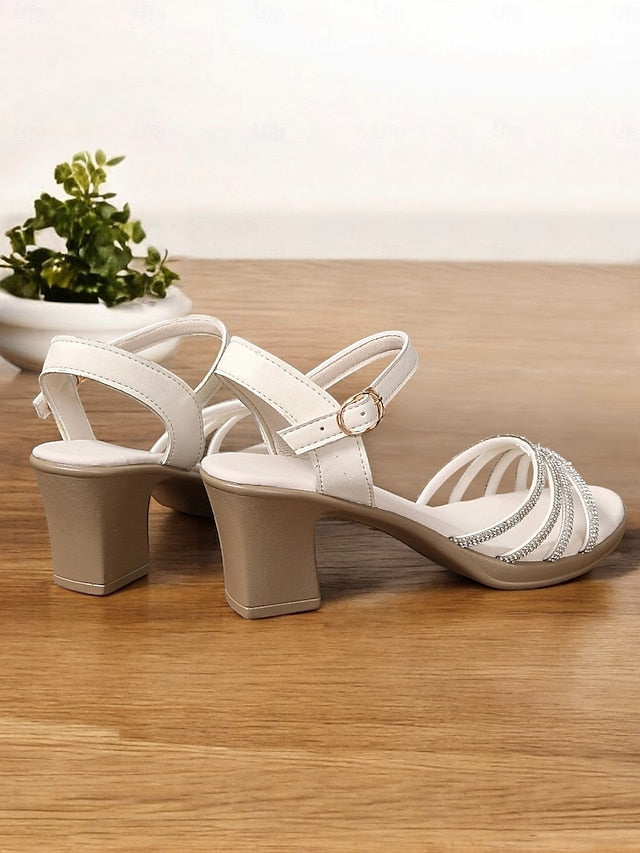 - Strappy with Black Rhinestones Comfortable Block Sandals Heel