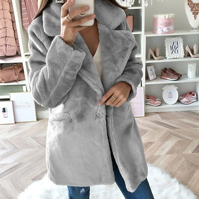 Casual Pocket Faux Warm Fur Comfortable Coat Women's