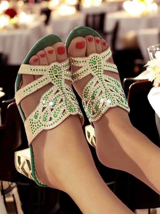 - Rhinestone and Heeled Embellished Sandals Gold Green