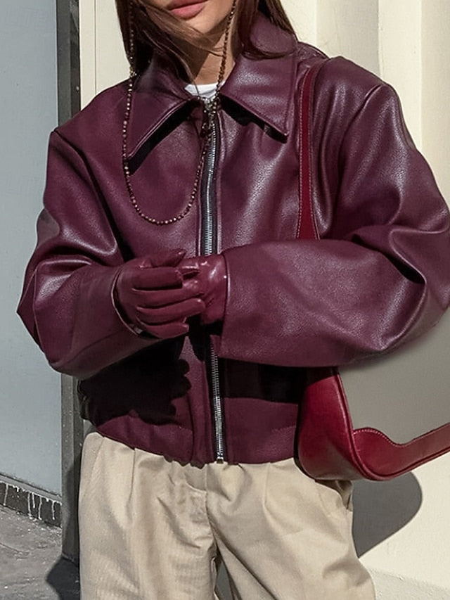 Leather Faux Pocket Jacket Women's Comfortable Zipper Warm