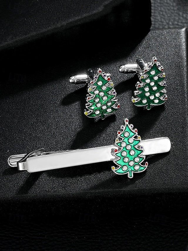 Set Men's - Festive Christmas Clip Cufflinks Tie Tree and