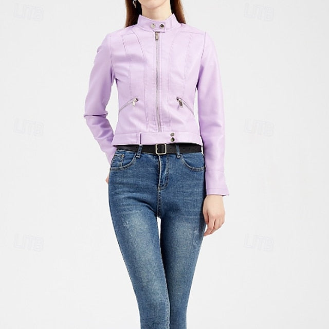 Jacket Zipper Pocket Leather Comfortable Faux Women's