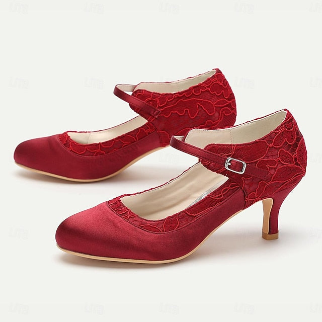 Women's Heels Lace Comfortable Mid-Heel - Satin Elegant Red