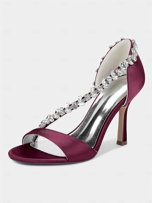 Heels – High Crystal Women's Champagne with T-Strap Satin