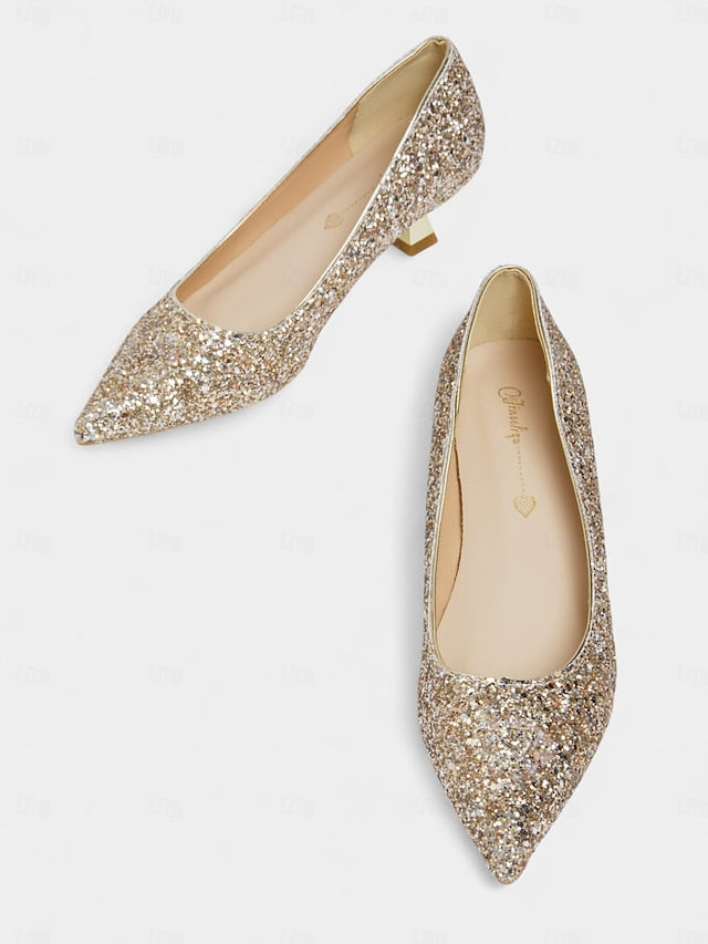 - Glitter Sparkly Pumps Low Toe Women's Heel Pointed