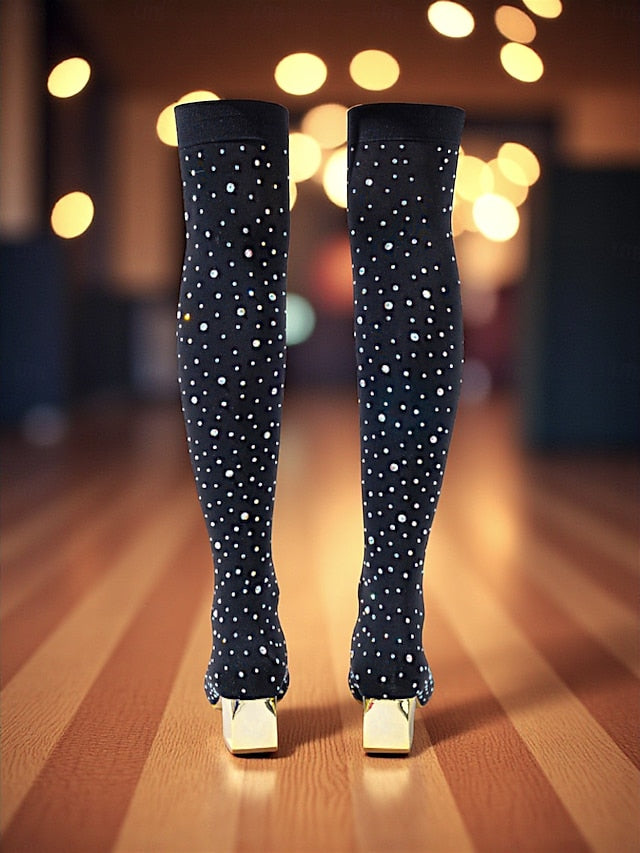 Pointed Rhinestone Over-the-Knee Women's Boots with Black
