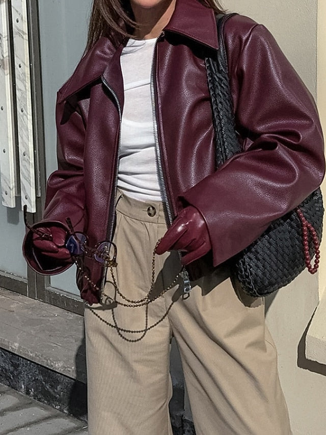 Leather Faux Pocket Jacket Women's Comfortable Zipper Warm