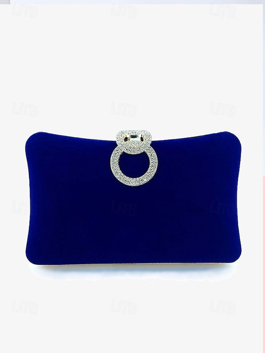 Blue Velvet Women's Clutch with Rhinestone Ring Elegant Bag