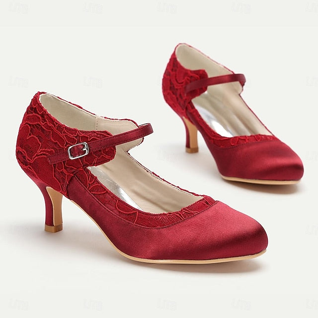Women's Heels Lace Comfortable Mid-Heel - Satin Elegant Red