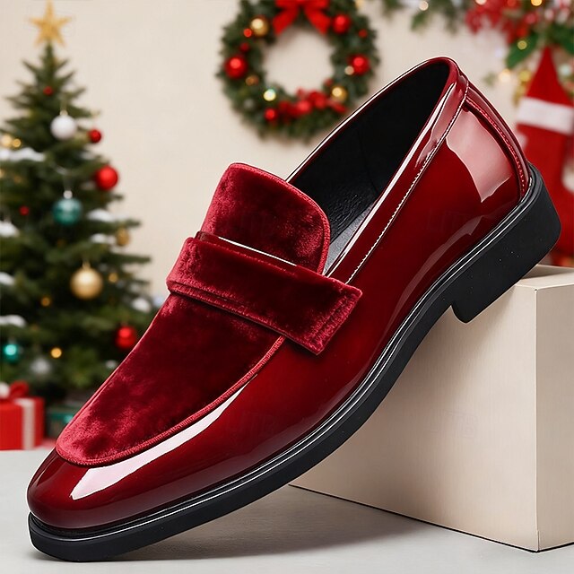 – Velvet Design Faux Sleek Leather with Red Men's Loafers