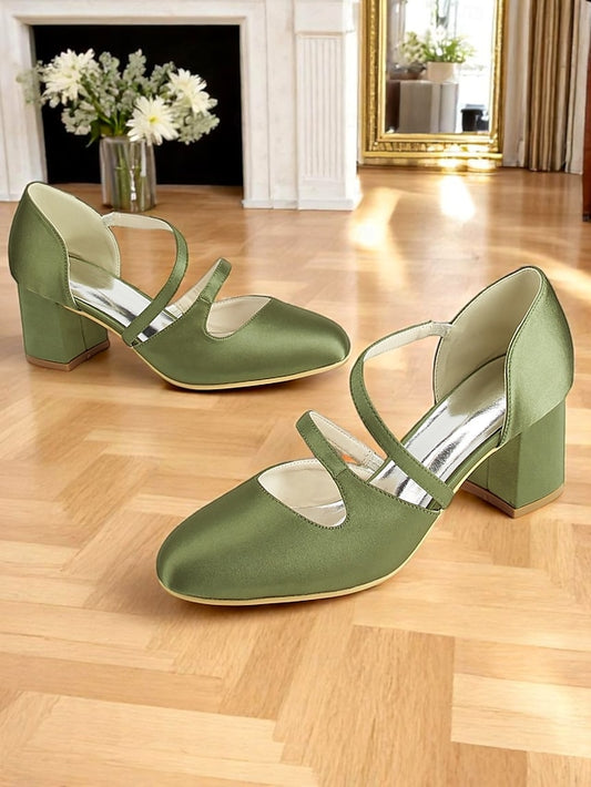 – Women's Mary Jane 1950s Heels Satin Green Elegant Block