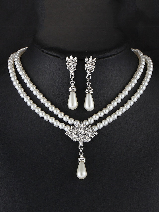 Bridal Jewelry Elegant Necklace Pearl Double-Layer – Set