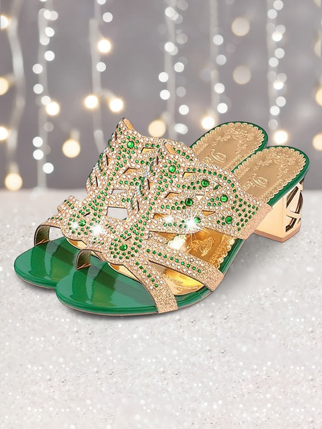 - Rhinestone and Heeled Embellished Sandals Gold Green
