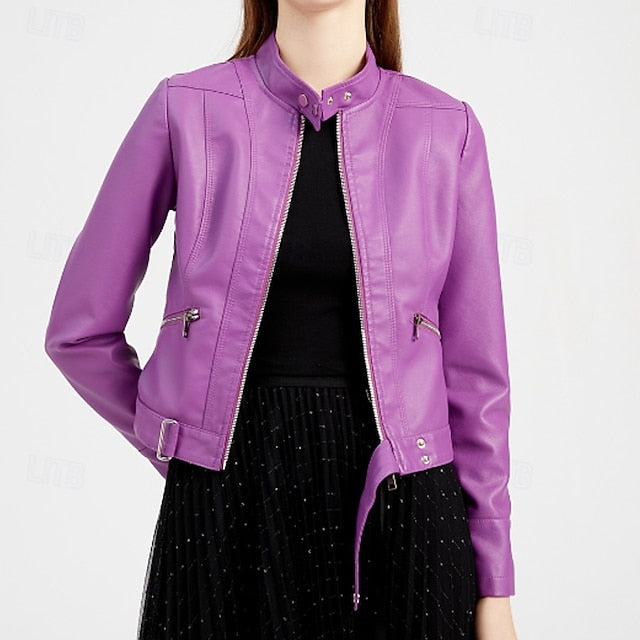 Jacket Zipper Pocket Leather Comfortable Faux Women's