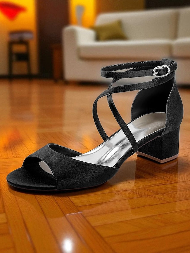 - Elegant Women's Satin Sandals Ankle Strap Heel Block with