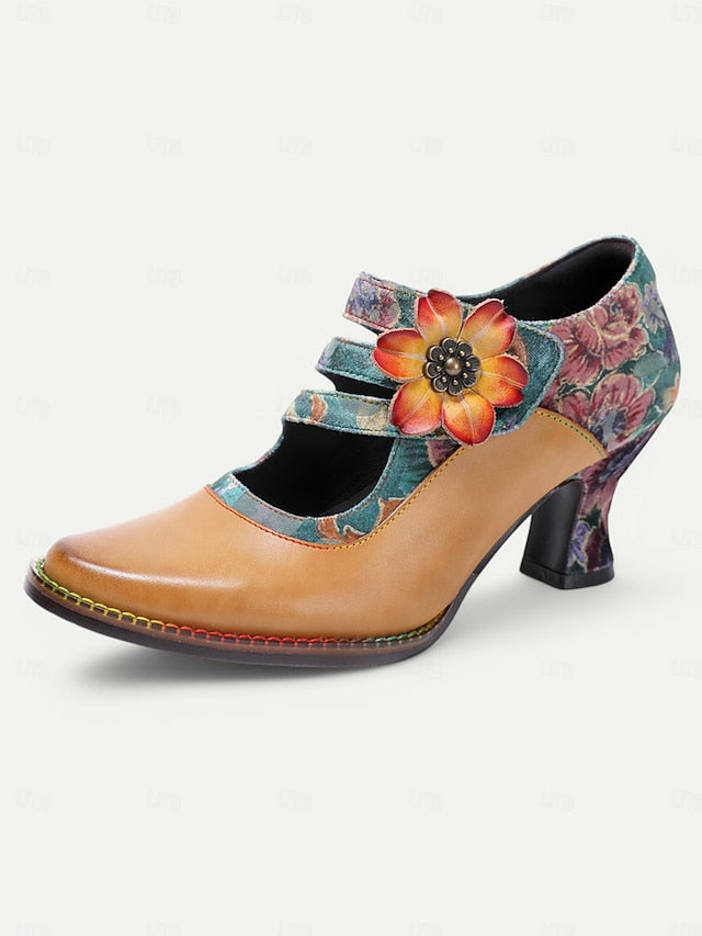 Mary Women's – Floral Vintage Leather 1930s Jane Heels