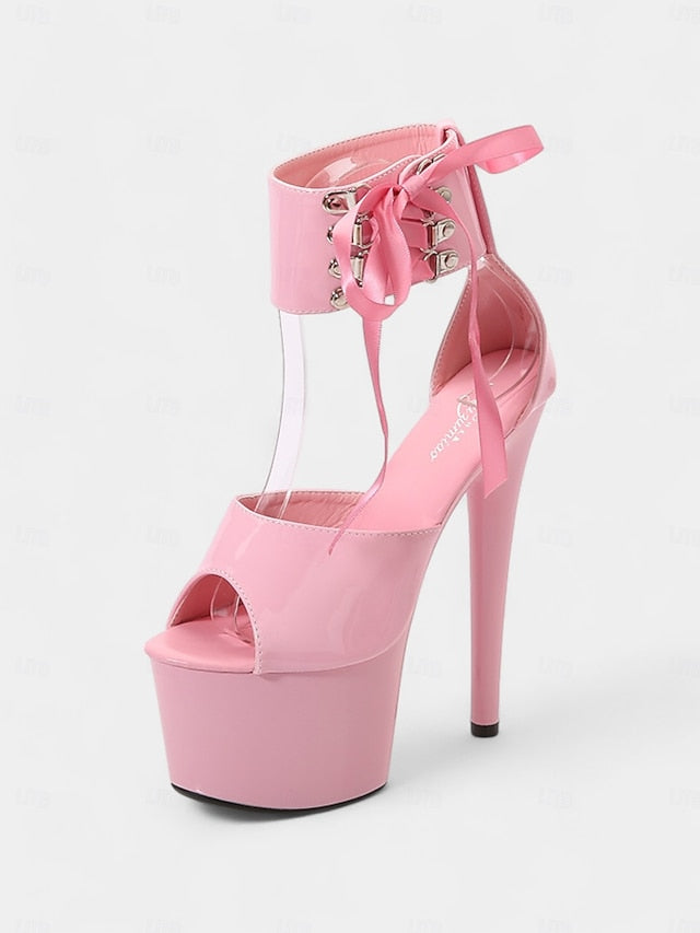 Lace-Up Ankle Black Sandals Patent with Platform Straps Leather