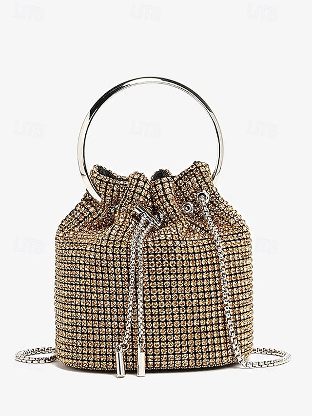 Silver with Rhinestone Women's Bucket Bag Sparkling Metal